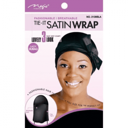 Magic 2139BLA Satin Tie- it Wrap Lady Durag (Black)